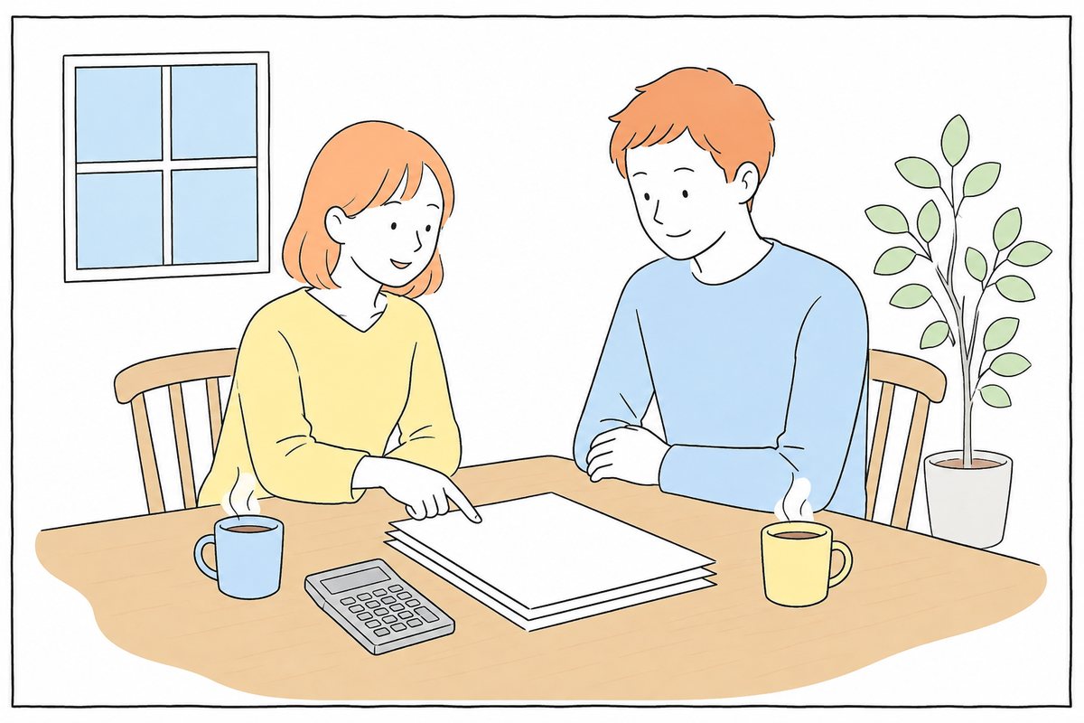 書類と電卓を囲んで家づくりのお金を相談する夫婦のイラスト