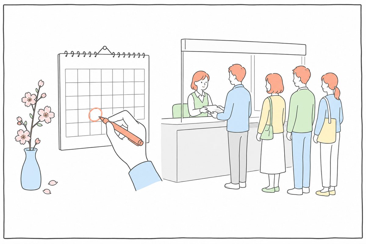 カレンダーの日付を確認する手と相談窓口のイラスト