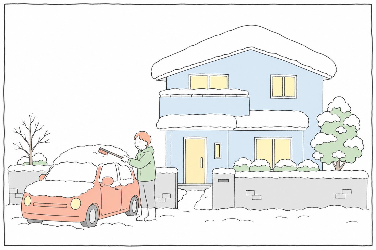 雪の朝、家の前で車の雪を落とす人のイラスト