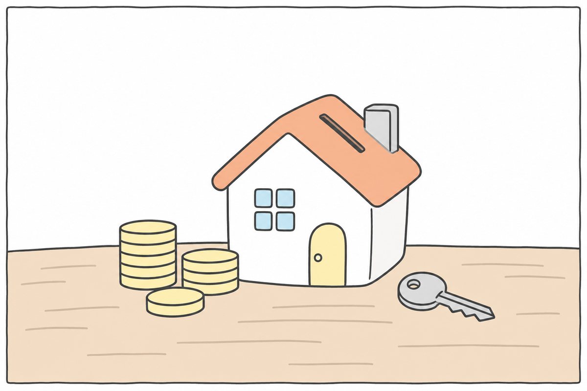 家の形の貯金箱とコインと鍵のイラスト