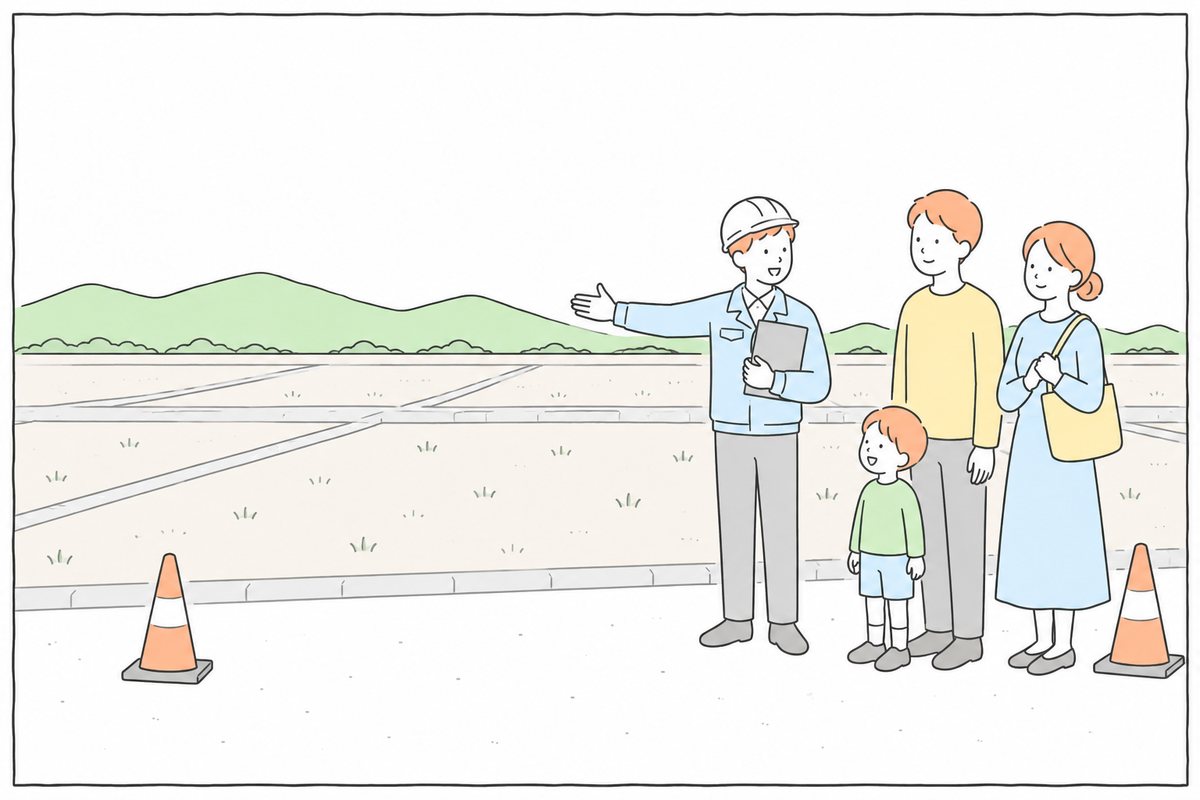 更地の分譲地を案内役が家族に案内しているイラスト