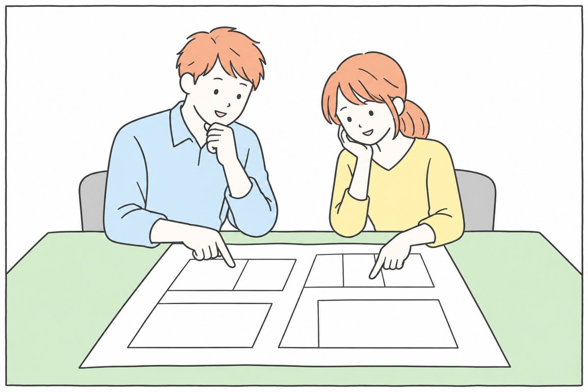 区画の図面を指さして相談する夫婦のイラスト