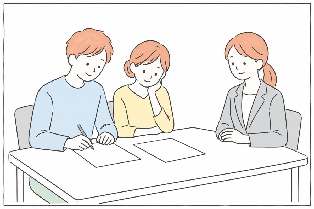 申込書に記入する夫婦と担当者のイラスト